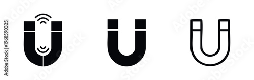 Magnet Icon Set with Outer Magnetic Waves. Vector Horseshoe Magnet Symbols for Science and Attraction