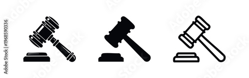 Gavel Icon Set. Vector Collection of Justice and Law Symbols, Court Hammer for Legal Decisions