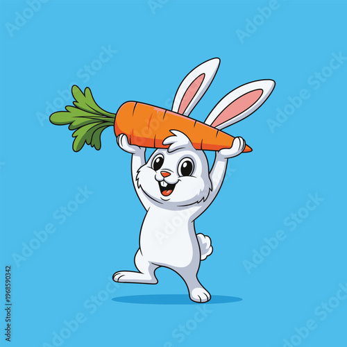 Cute cartoon white rabbit holding a big carrot.
