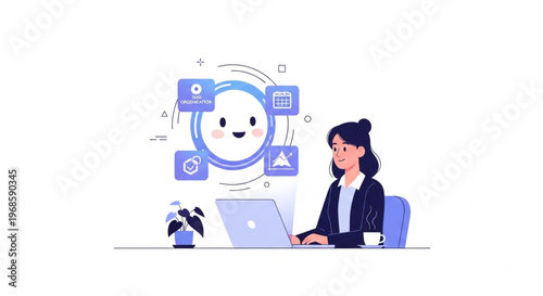 A businesswoman interacts with a laptop and AI chatbot interface on a clean white background with a blue and white color scheme
