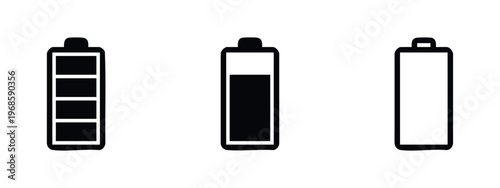 Battery level indicator icons set. Full, half, and empty battery charge status symbols.
