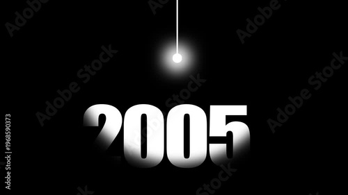 2005 Historical Date Animation with Swinging White Light Bulb in Dark Background, Early Social Media & Technology Concept, Historical Year Motion Graphic, Minimalist Typography Background