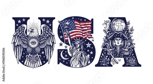 Vintage Engraving Style USA Letters Illustration Featuring American Eagle, Statue of Liberty, and Founding Father Portrait