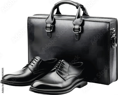 black leather briefcase and shoes isolated on a transparent background