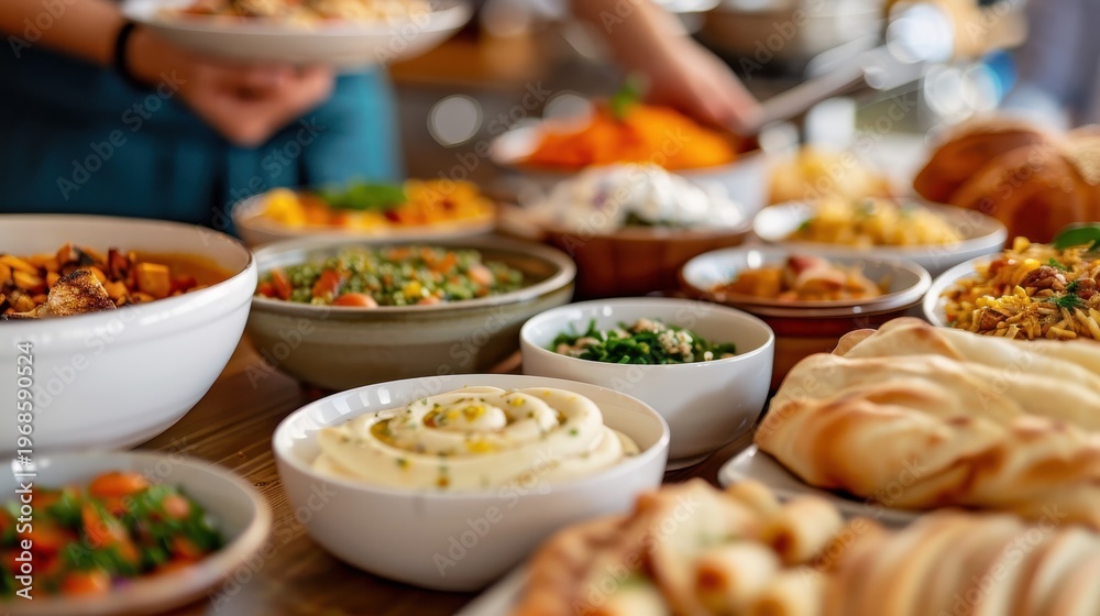 Obraz premium A traditional Jewish meal prepared in a kosher kitchen, focusing on kosher food safety and Jewish religious laws, emphasizing kosher dietary regulations and kosher meal standards