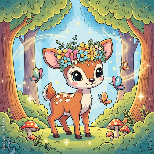 Cute Fawn Wearing a Flower Crown in a Forest.