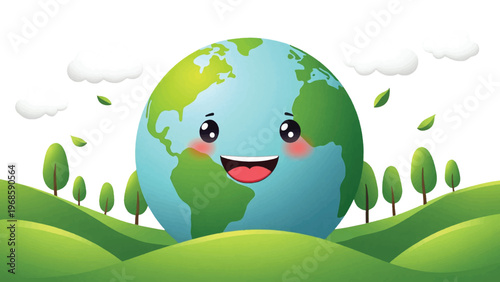 Happy Earth, green planet, eco friendly, cartoon globe, smiling world