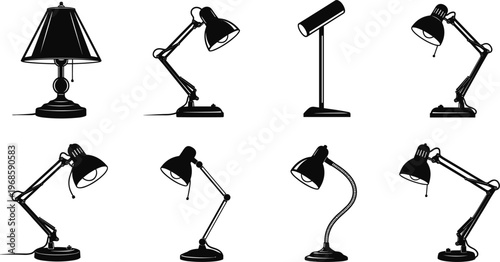 Desk lamp and table lighting icon set featuring adjustable office lamps modern illumination silhouette collection isolated on white background