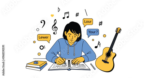 Young Musician Writing Song Lyrics in Notebook with Guitar