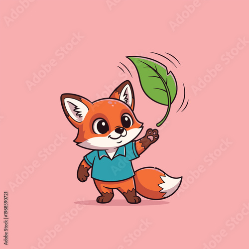 Cute Fox Character Holding a Green Leaf.