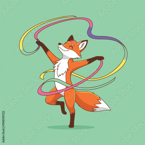 Cute fox dancing with colorful ribbons gracefully.