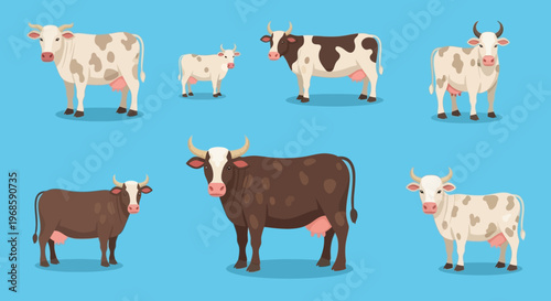 Simple illustration of a cow and calf with a group of cows standing in a green farm field