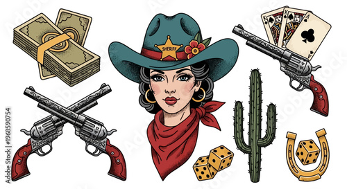 Vintage Wild West Old School Tattoo Illustration Set Featuring Cowgirl Sheriff, Revolvers, Cactus, Money, and Gambling Elements
