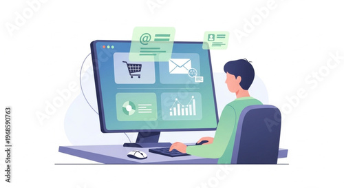 A man sits at a desk working on a computer with various icons on the screen in a minimalist office setting