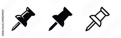 Pushpin or Thumbtack Icon Set for Office and Bulletin Boards. Memo Pin Symbols.