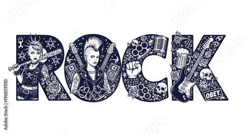 Rock Punk Typography Illustration with Mohawk Girls, Electric Guitar, Skulls and Roses - Tattoo Style Black and White Design