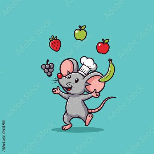 Cute Chef Mouse Juggling Fruits Cartoon Illustration.