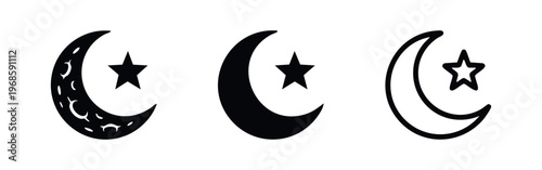 Moon and Star Icon Set. Crescent moon and star symbols for islamic culture and celestial concepts.