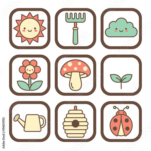 Cute Garden Icons Set Featuring Nature Elements.