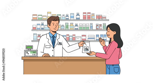 Pharmacist handing medication to a customer in a pharmacy
