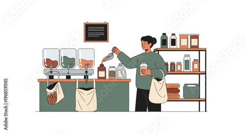 A man in a green shirt pours a drink behind a counter with various products on shelves and a menu board