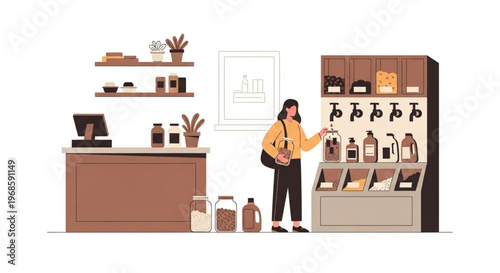 A woman in a yellow shirt browses products on a shelf in a modern, minimalist store with earthy tones and a clean aesthetic