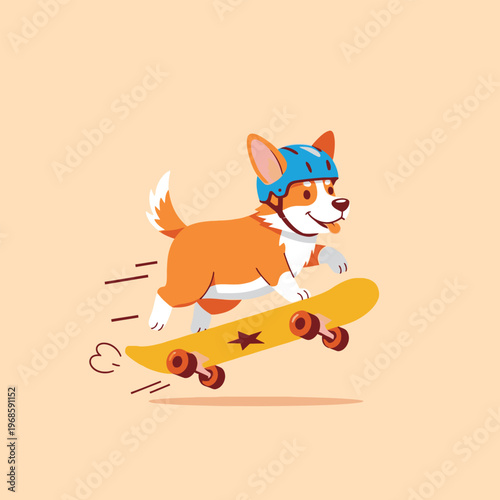 Cute corgi dog wearing helmet skateboarding with speed lines.