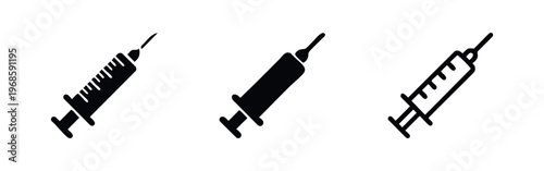 Syringe icons set. Medical injection, vaccine, and healthcare symbols. Vector illustration of drug administration tools.