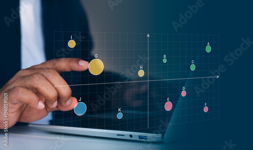 Картината върху платно Business market positioning analysis, scatter matrix chart on digital interface