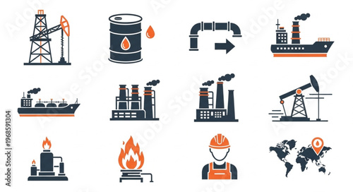Oil and Gas Industry Icons - Production, Transportation, and Global Impact.