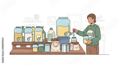 A man pours a liquid from a large jug into a smaller container on a table with various containers and bags