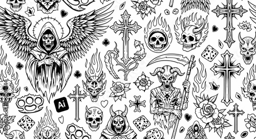 Gothic Tattoo Flash Art Elements: Skulls, Grim Reaper, Crosses, and Roses. Black and White Vector Illustrations for Apparel, Streetwear, and Graphic Design.