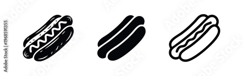 Hot dog icons set. Collection of various fast food and street food symbols in black and white.
