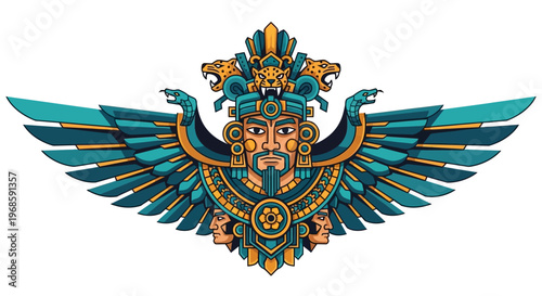 Ancient Aztec Warrior God Illustration with Jaguar Headdress, Turquoise Wings, and Mesoamerican Symbols on White Background