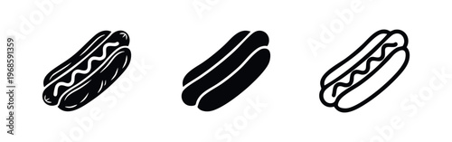 Hot dog icons set. Collection of various fast food and street food symbols in black and white.