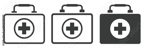 First aid box icon set, medical briefcase sign, first aid kit bag vector icon, medicine bag icon, rank titles system, performance levels, progress indicators, achievement hierarchy, status 