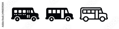 Bus icons set. Collection of various public transport and school bus symbols in black and white.