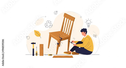 A man sits on the floor painting a wooden chair with various tools and supplies nearby in a creative workspace