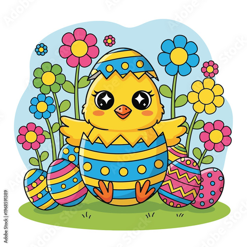 Cute Easter chick hatching from a decorated egg.