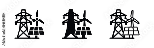 Renewable energy icon set, power tower with solar panel and wind turbine symbol