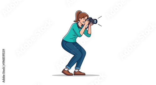 Young woman photographer taking a picture with a professional camera