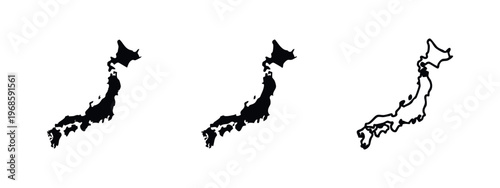 Japan Map Silhouette and Outline Icon Set, Geographic Outline of Japan, Asian Country Map Icons