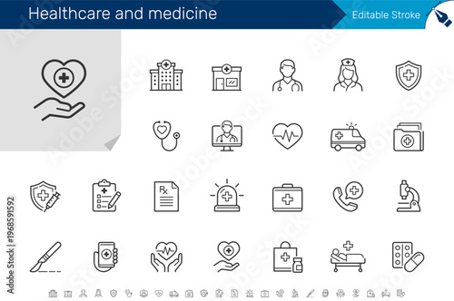 Healthcare and medicine line icon collection for hospital, doctor, emergency, medical service and healthcare concept.