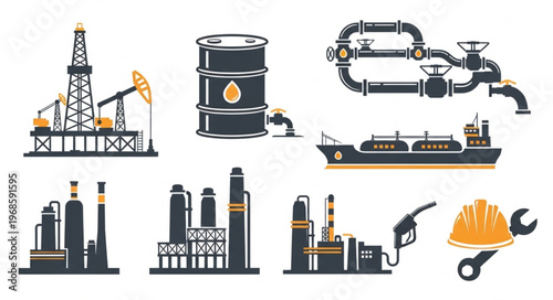 Oil and Gas Industry Icons - Rig, Barrel, Pipeline, Tanker, Refinery.