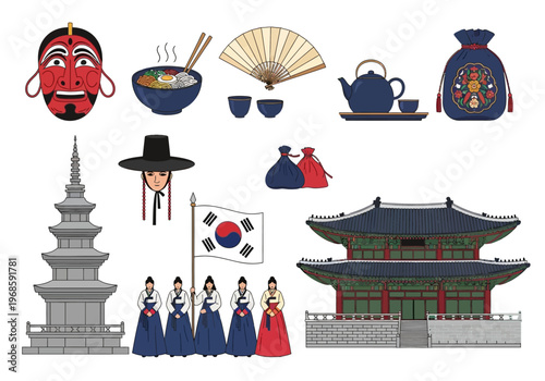 Traditional Korean Culture Icons Set featuring Palace, Hanbok, Bibimbap, Hahoe Mask, Pagoda, and National Flag. Vector Illustration for South Korea Tourism and Heritage.