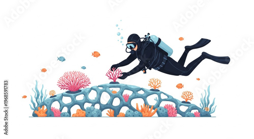 Illustration of a scuba diver exploring a vibrant coral reef with colorful fish and sea anemones underwater
