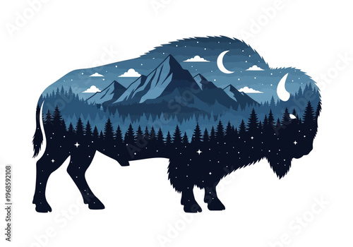 Majestic Buffalo Silhouette with Double Exposure Mountain Landscape, Evergreen Forest, and Starry Night Sky Illustration on White Background