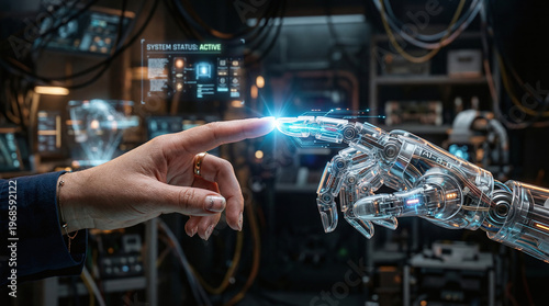 Futuristic Close-up of Human Finger Touching Robotic Hand with Blue Energy Spark, Concept of AI Connection and Human-Robot Collaboration