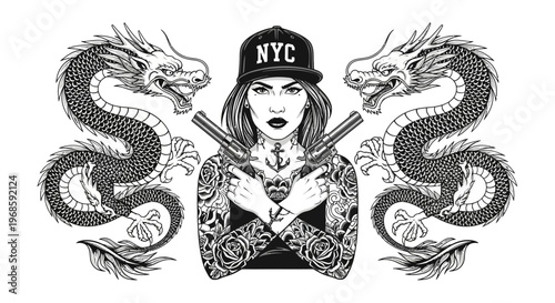 Street Style Tattooed Woman with Revolvers and Oriental Dragons Black and White Vector Illustration