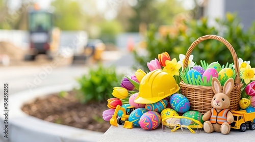 Colorful easter eggs in woven basket with bunny and tulips beside construction hard hat and toy excavator. Fun holiday theme blending spring celebration and building worker concept for seasonal